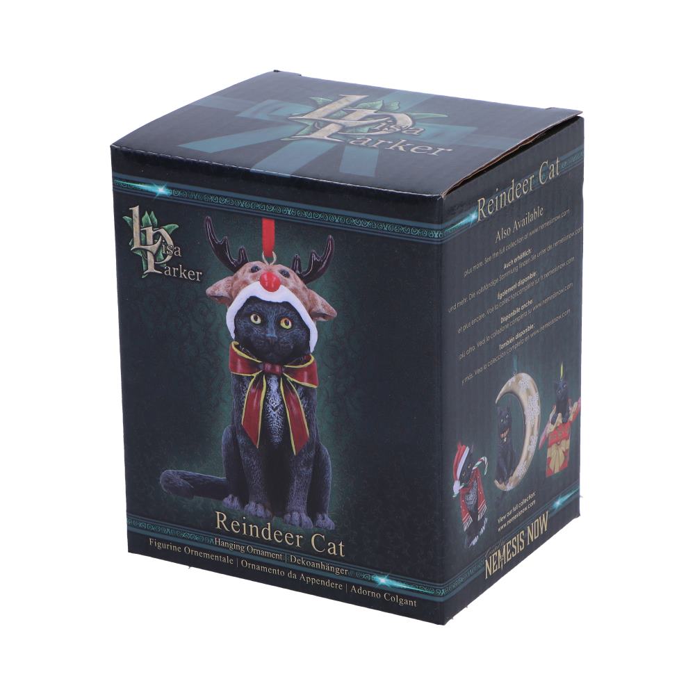 Reindeer Cat Hanging Christmas Ornament by Lisa Parker in branded packaging, ready for gifting or seasonal display.
