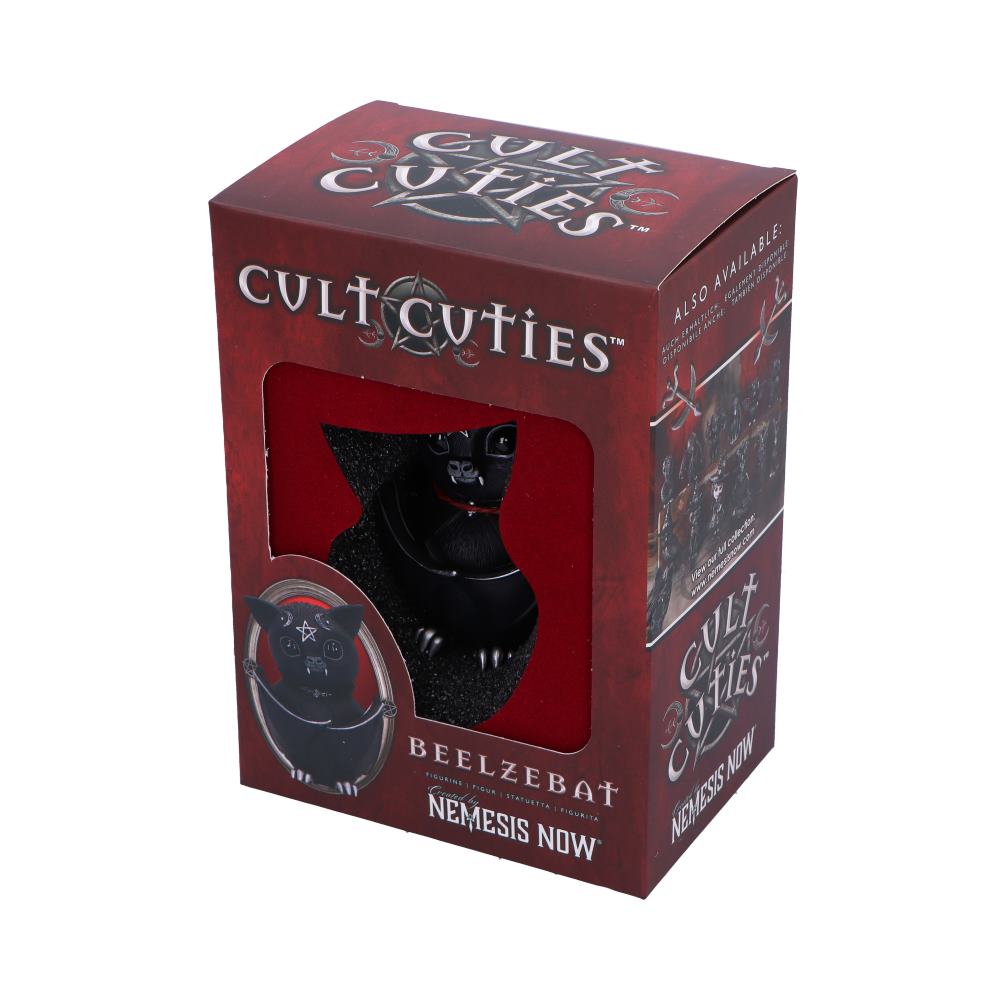 Beelzebat Cult Cuties Bat Figurine presented in its red and black Nemesis Now branded gift box.