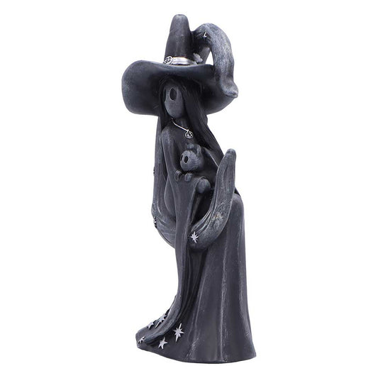 Gothic moon figurine side view with seated figure and cat