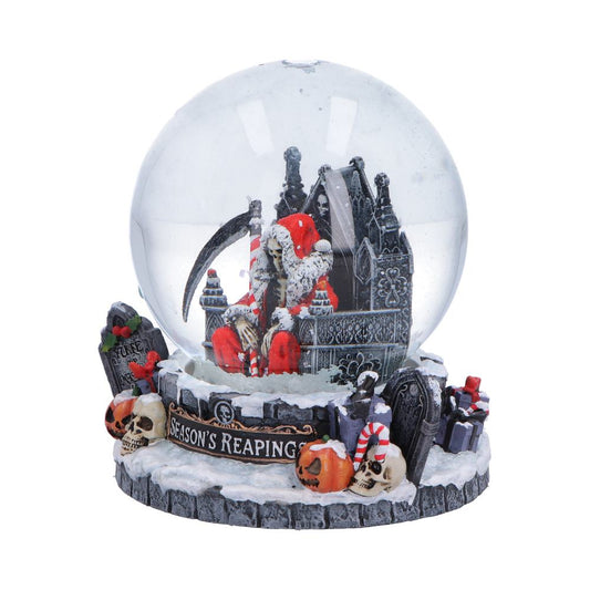 Side view of hand-painted dark fantasy Christmas collectible Seasons Reapings snow globe gothic festive ornament