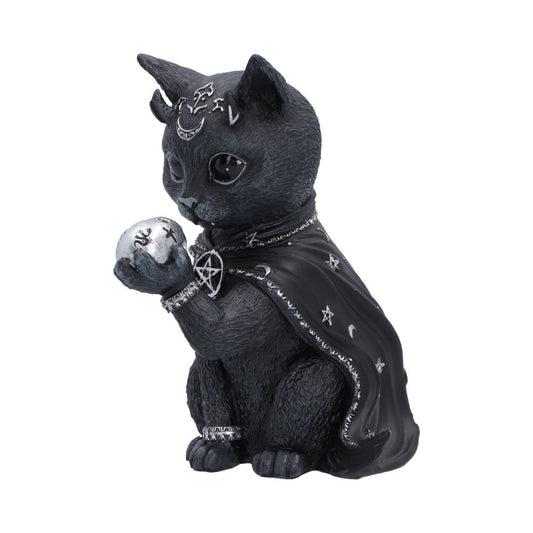 Side view of Feligor 10.2cm Nemesis Now figurine a black cat figurine dressed as a witch, wearing a black cape with silver star and moon details, holding a silver skull. The cat has silver celestial accessories on its forehead, neck, and paws.