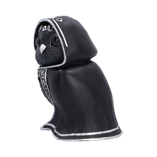 Side view of Featheros 9.6cm gothic bird figurine, a black hooded owl figurine with silver trim and a small silver bow on the hood.