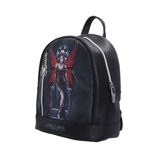 Side view of Aracnafaria 33.2cm Anne Stokes gothic black faux-leather backpack with a gothic fairy graphic print, silver zippers, and a top carry handle