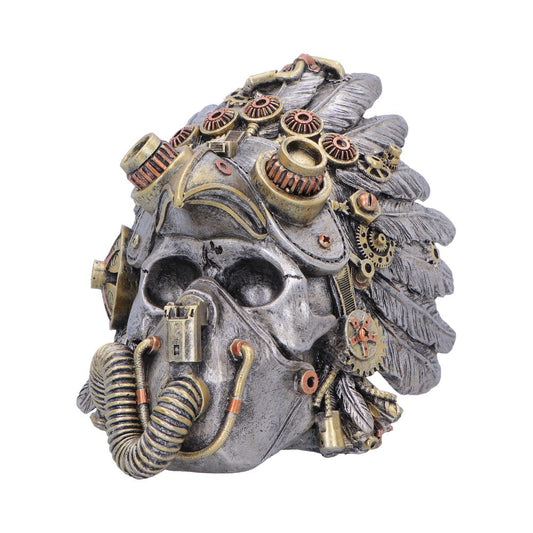 Skull figurine side view showing gears and cogs