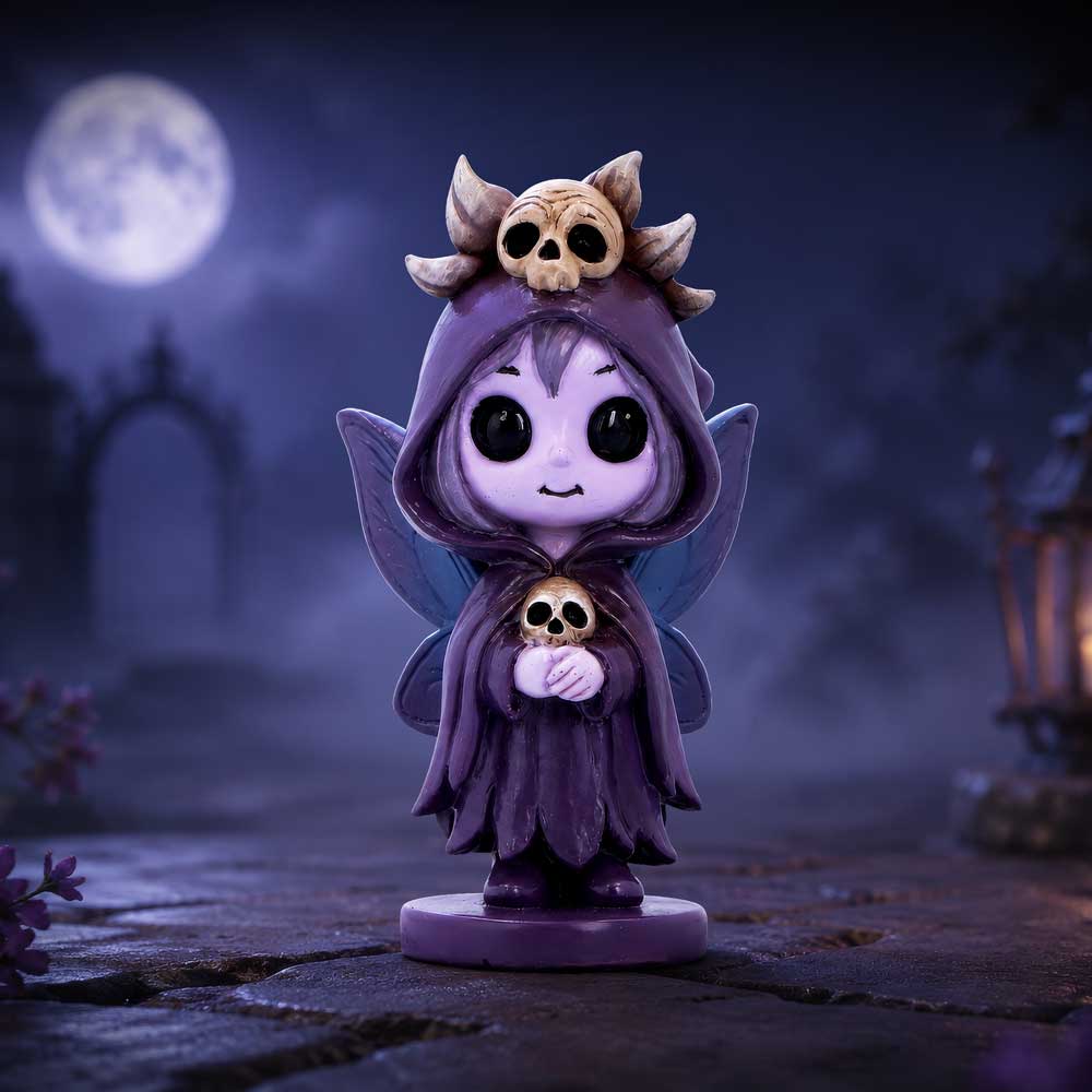 A small fantasy Spirit Fairy Moorwyn figurine with large black eyes, holding a skull, standing on a round base displayed with purple cloak and dark wings