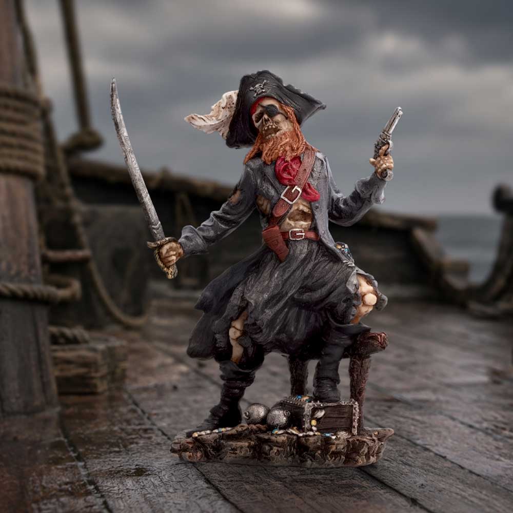Phantom Pirate King 20.6cm gothic detailed pirate figurine seated on a wooden ship deck, holding a curved sword in one hand and a pistol in the other on display for fantasy and pirate collectors