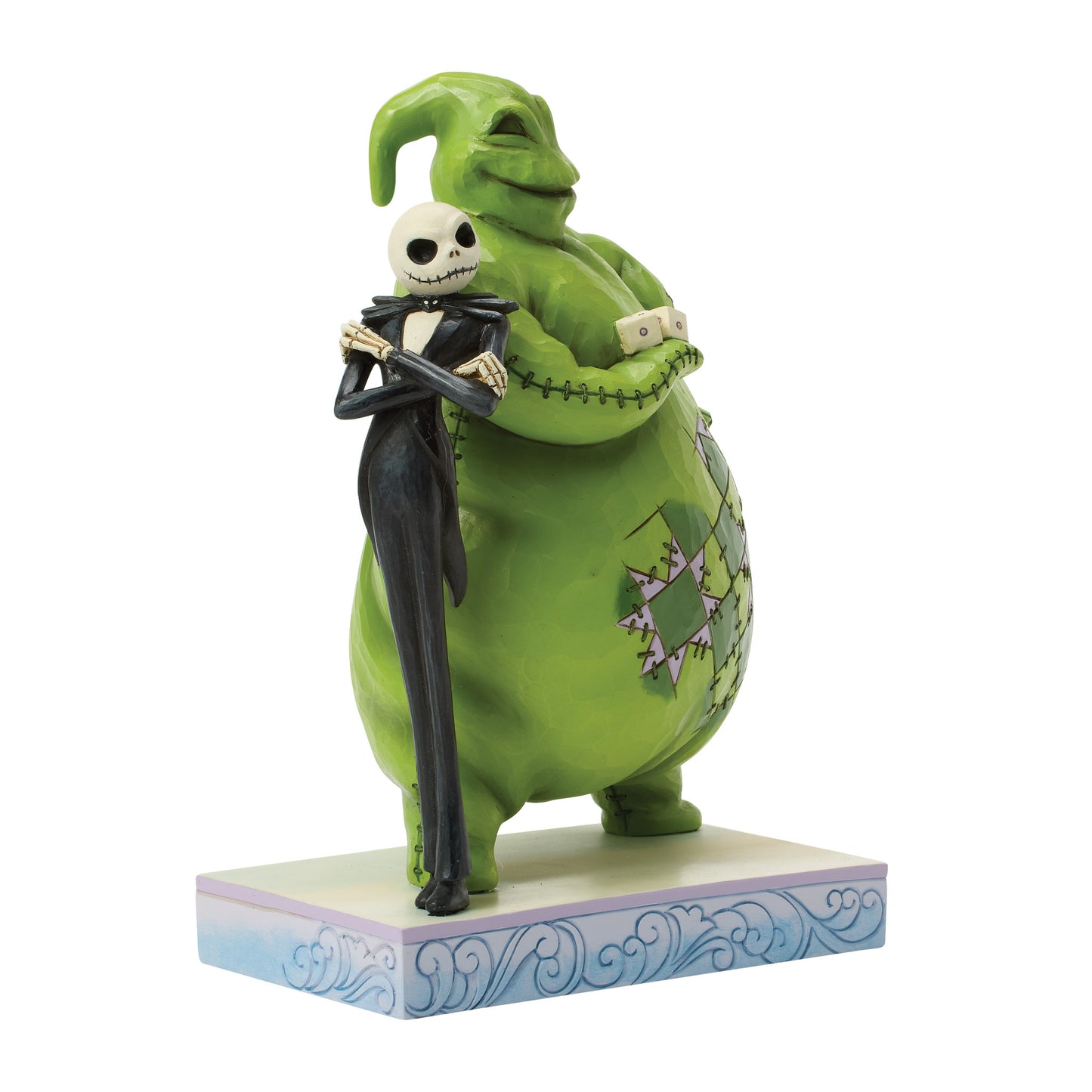 Side view of the Disney Traditions Jack Skellington and Oogie Boogie Figurine showcasing the contrasting character designs and detailed patterns.