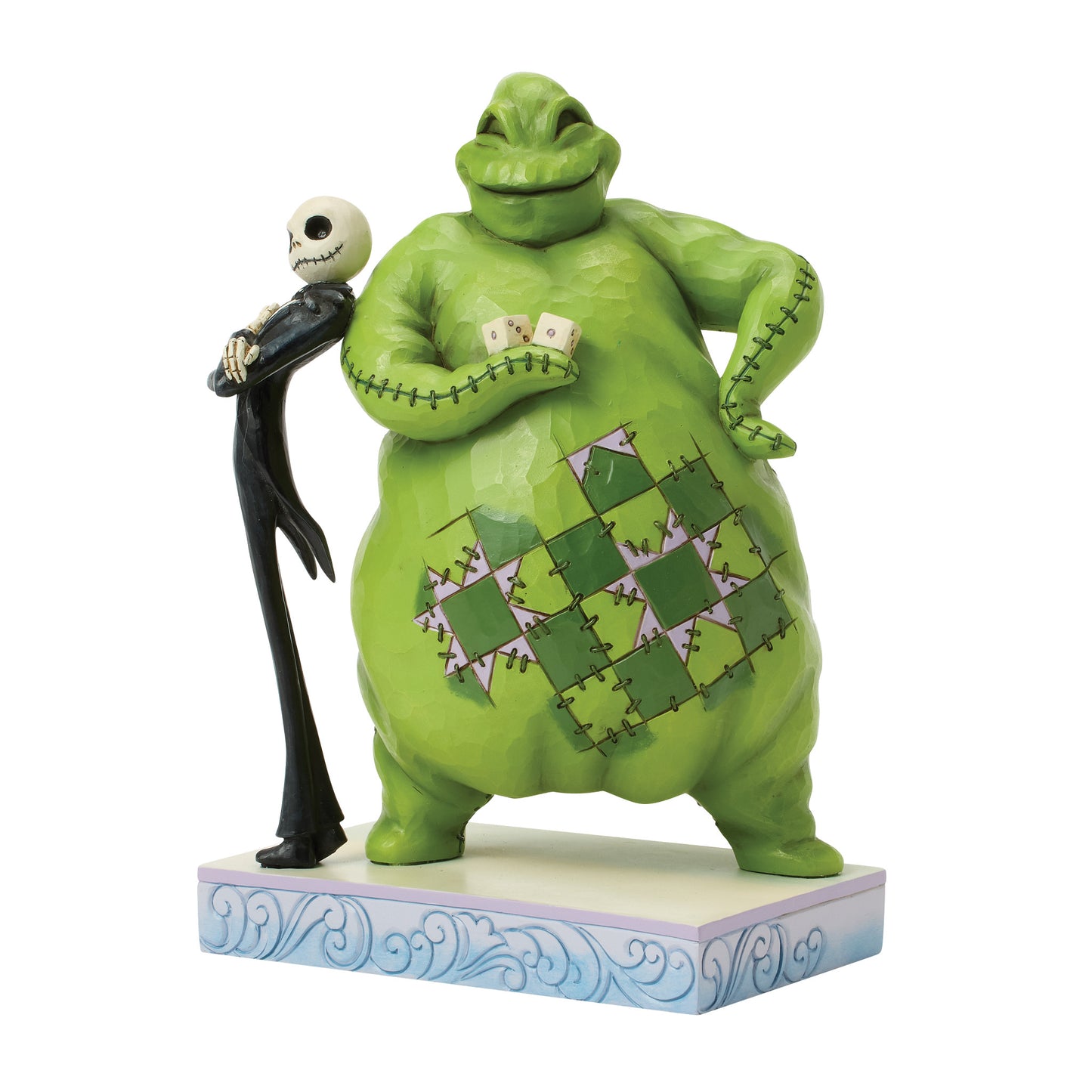 Close-up of Jack Skellington and Oogie Boogie showing Jim Shore's intricate folk-art patterns and Oogie's pair of dice.