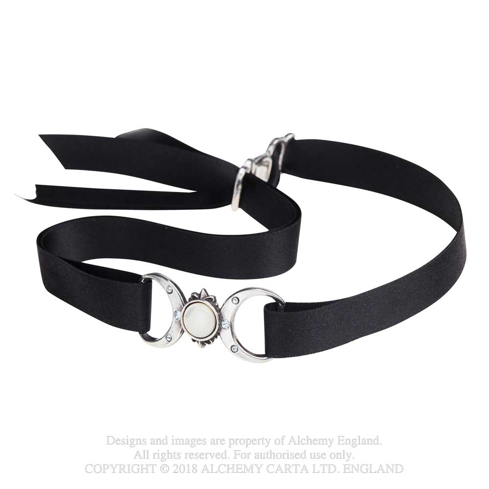 Gothic choker with triple moon and crystal detail. Close-up of triple goddess necklace with mother of pearl centre