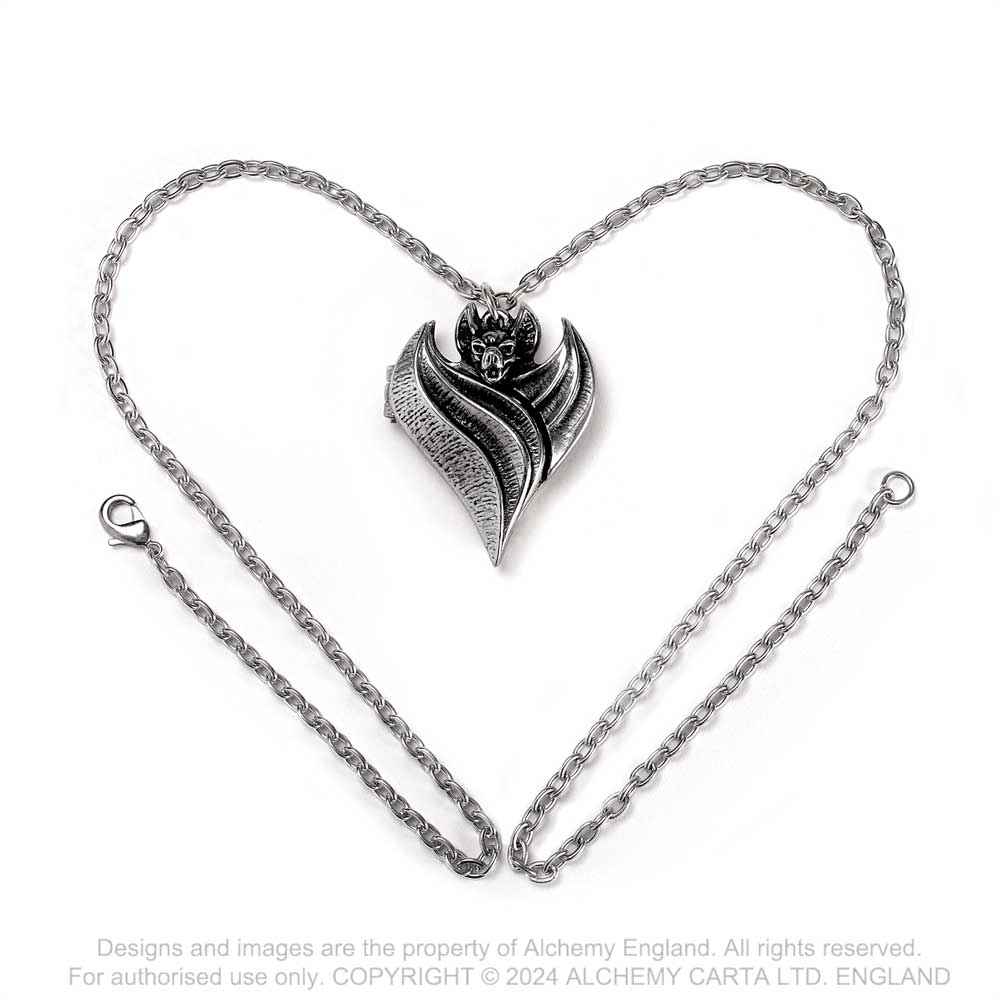 Pewter bat locket necklace worn as gothic jewellery