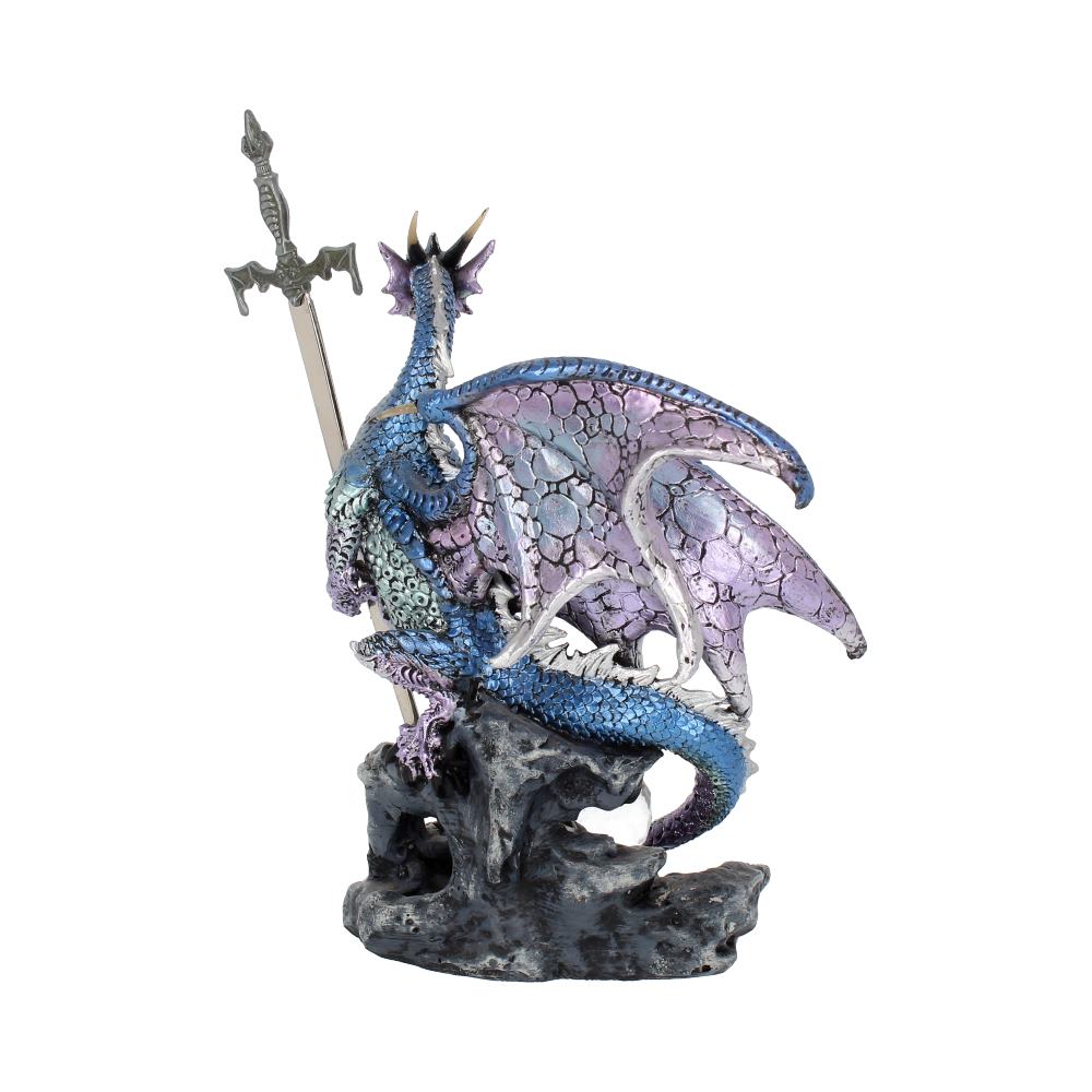 Rear view of the Sword of the Dragon Letter Opener showing the dragon's detailed wings, coiled tail, rocky base, removable sword letter opener, and premium hand-painted resin craftsmanship.