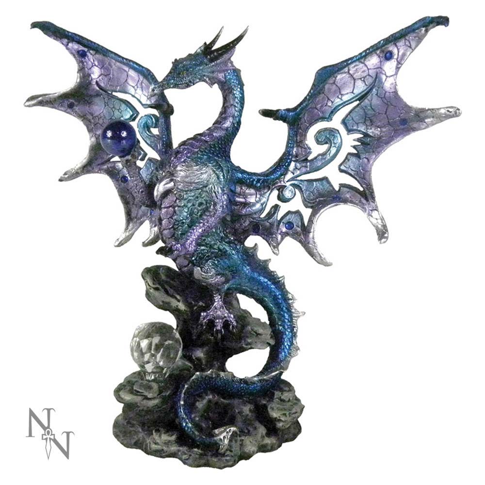 Blue Dragon Protector Figurine 20.5cm featuring a shimmering blue dragon with outstretched wings guarding blue crystal orbs on a black rock base.