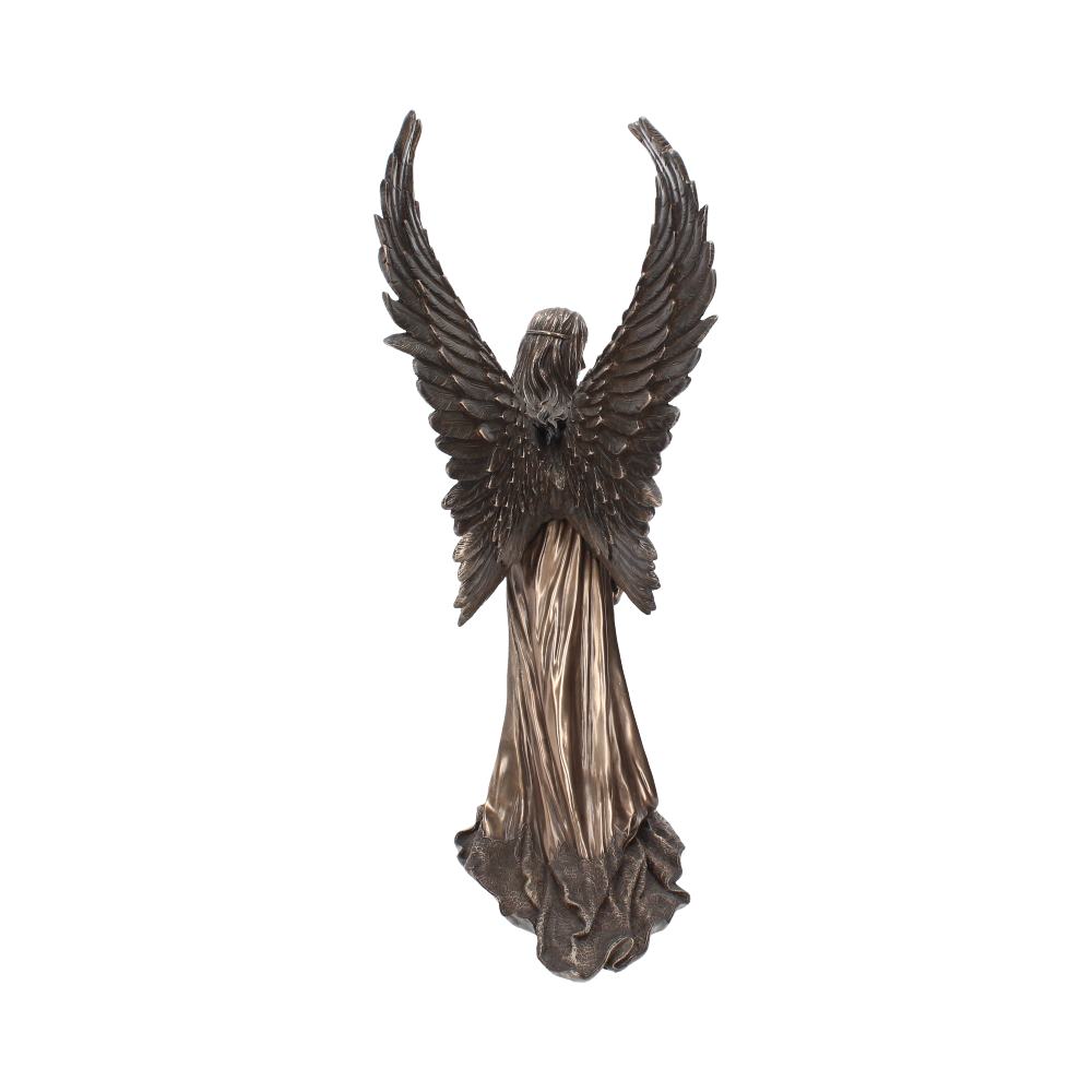 Rear view of the Spirit Guide Bronze Angel Figurine by Anne Stokes showing the large sculpted angel wings, flowing gown and detailed bronze-effect resin finish.