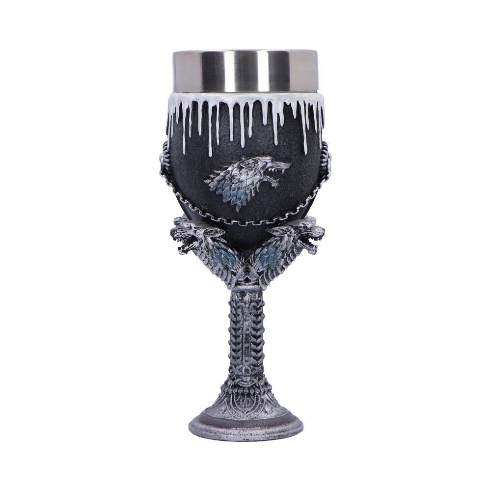 Back view of the Game of Thrones House Stark Goblet showing sculpted direwolf detailing, snow-dusted rim, and hand-painted finish