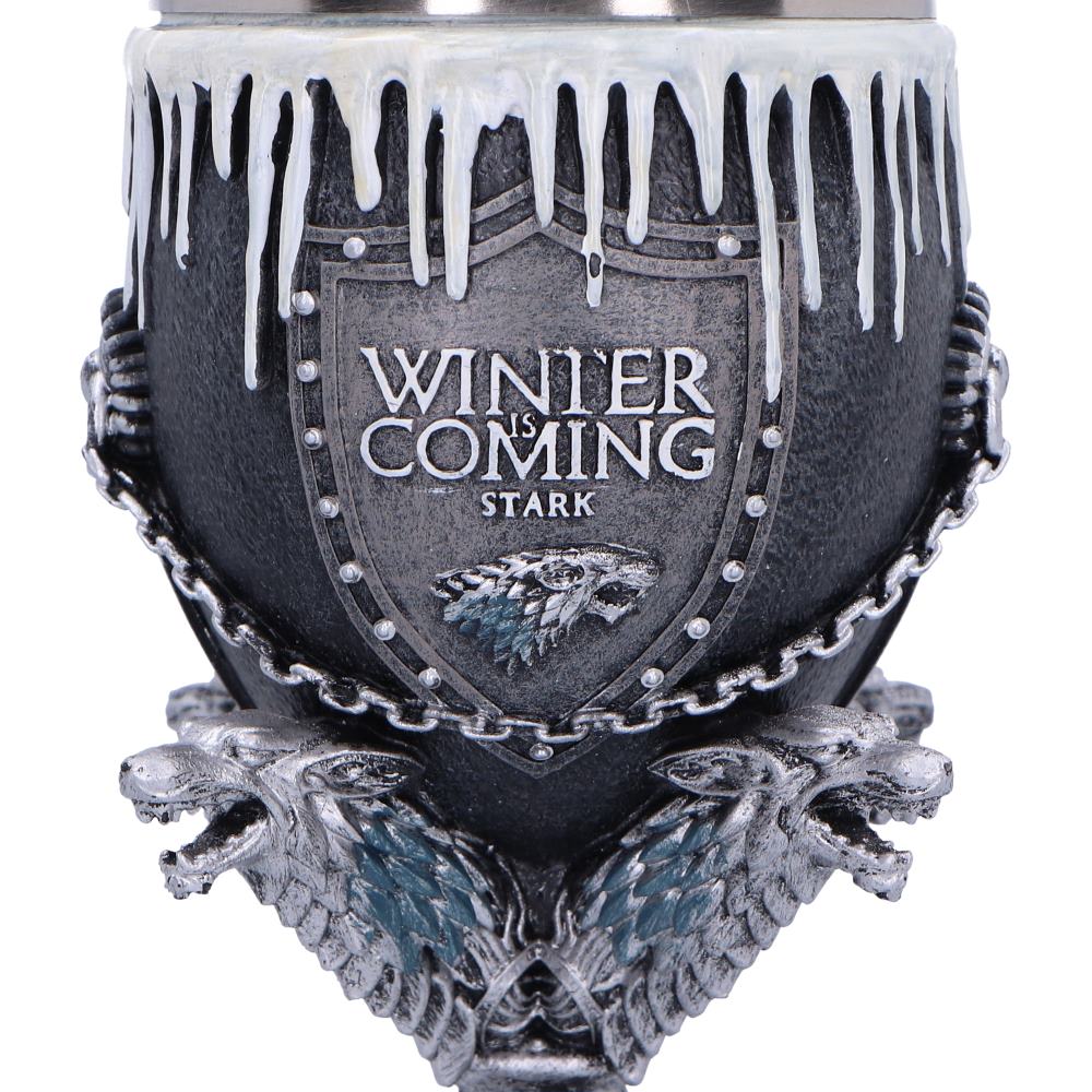 Hand-painted House Stark resin goblet with 'Winter is Coming' and 'Stark' text, featuring a wolf emblem