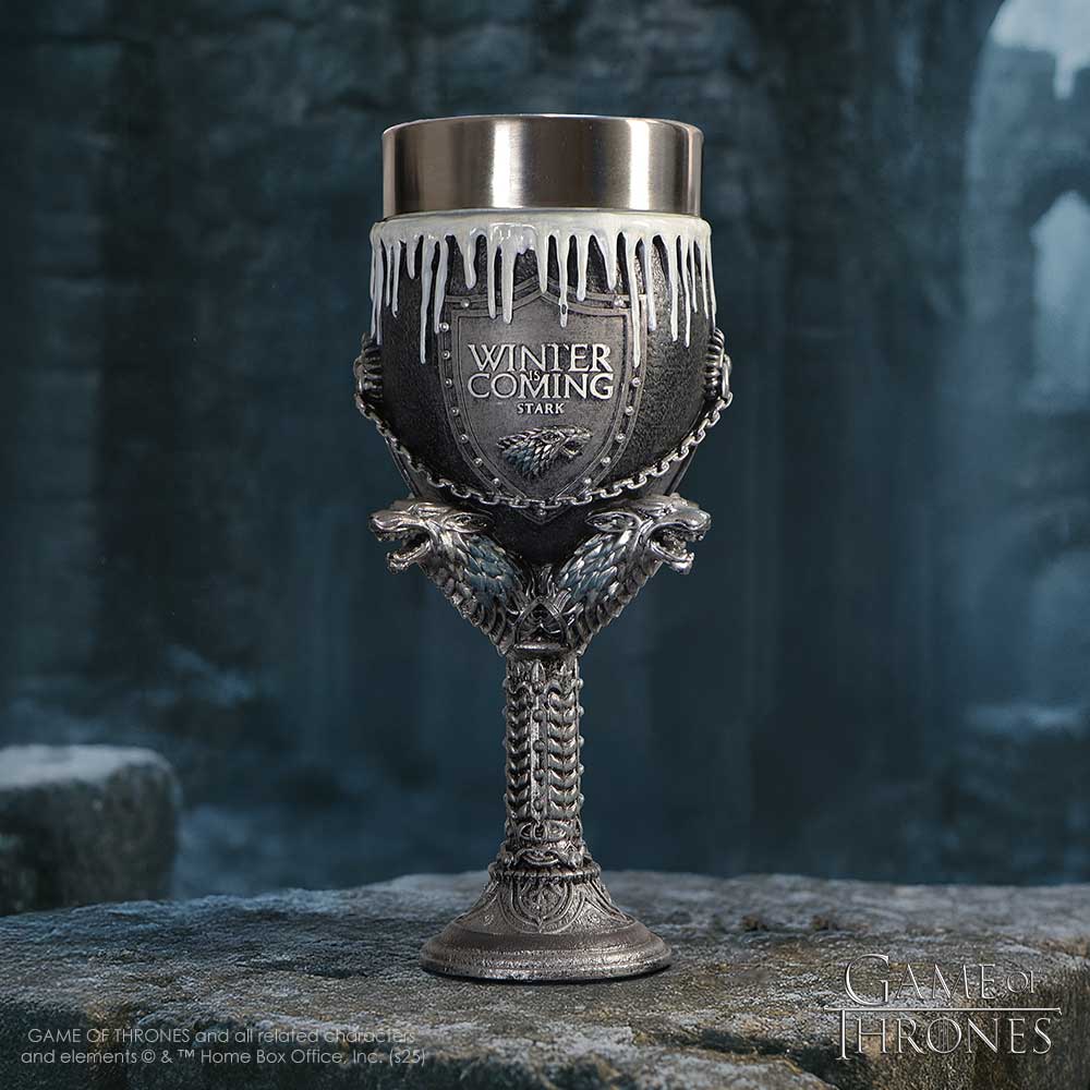 Fantasy House Stark display goblet with 'Winter is Coming' text and 'Stark' emblem
