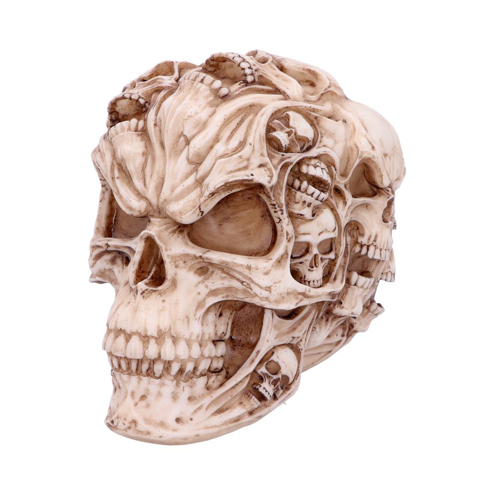 Side view of decorative skull, Skull of Skulls James Ryman figurine with intricate designs