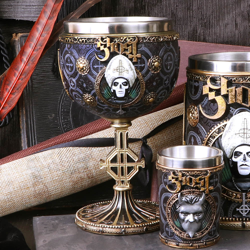 Official Ghost Gold Meliora collectible chalice on display