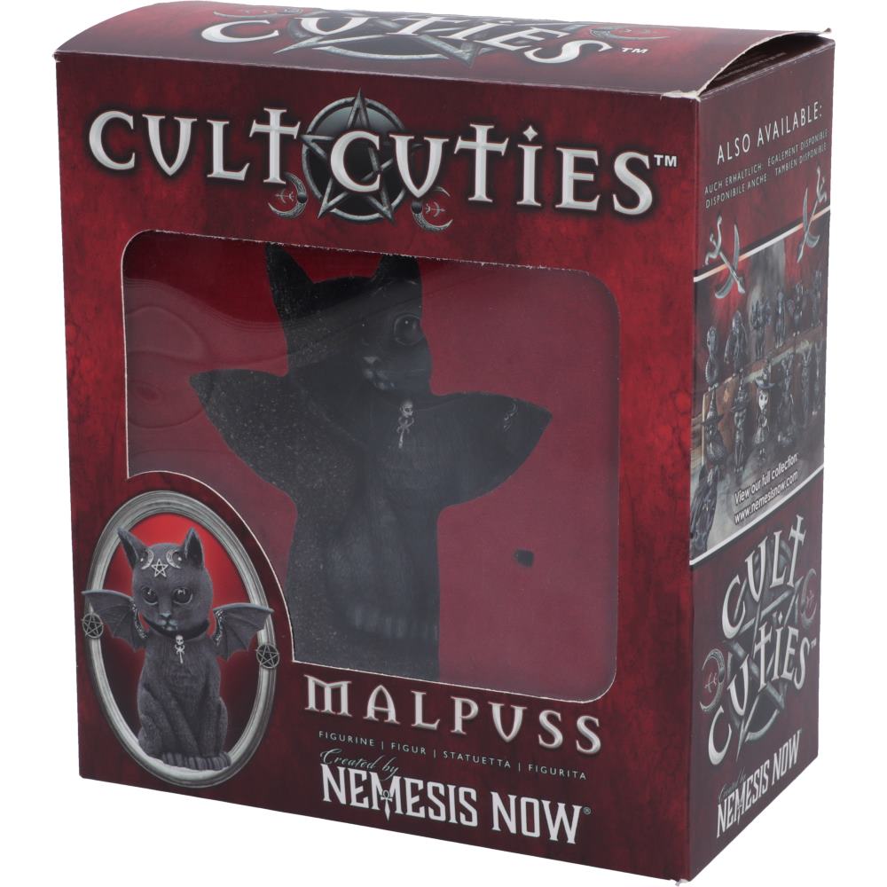 Cult Cuties Malpuss figurine retail packaging box, featuring a red and black design with a clear window