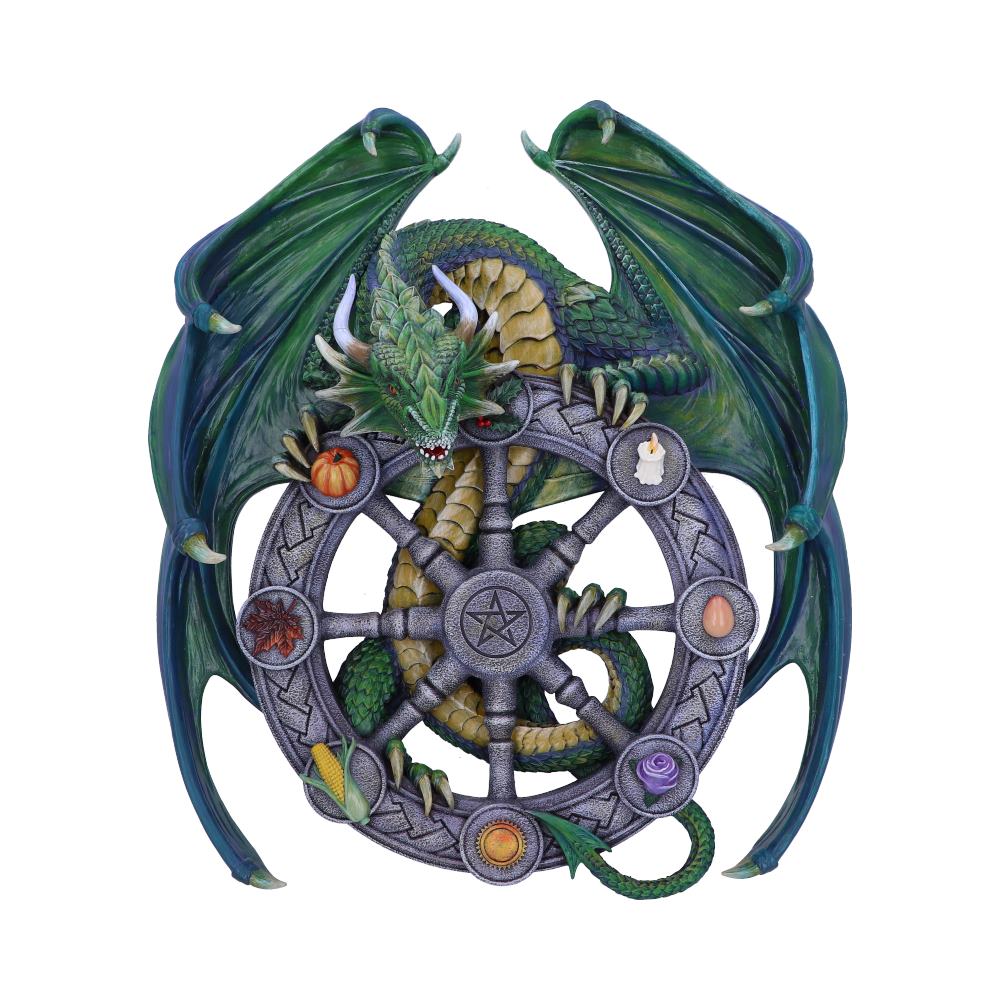 Year of the Magical Dragon Plaque by Anne Stokes 30cm featuring an emerald dragon surrounding the Wheel of the Year with intricate seasonal symbols and a central pentagram.