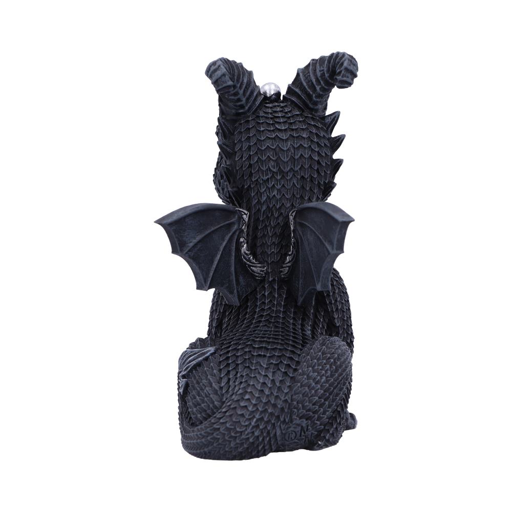 Rear view of the Lucifly Dragon Figurine showing the folded wings, ornate silver detailing, textured scales, and premium hand-painted resin craftsmanship.
