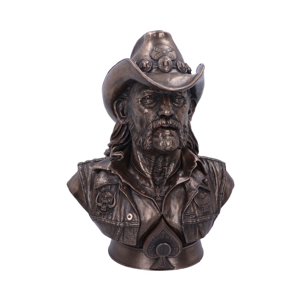 Official Motorhead Lemmy Bronze Bust 36cm featuring Lemmy Kilmister wearing his iconic black hat and leather waistcoat with a bronze-effect resin finish.