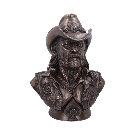 Official Motorhead Lemmy Bronze Bust 36cm featuring Lemmy Kilmister wearing his iconic black hat and leather waistcoat with a bronze-effect resin finish.