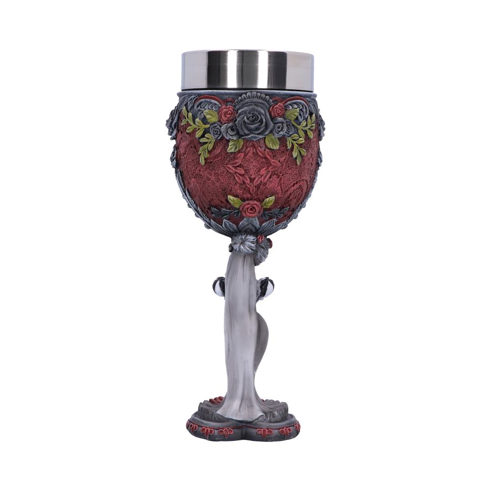 Back view of the Mrs Goblet showing the skeletal bride, sculpted floral detailing, ornate patterns, and hand-painted resin finish.
