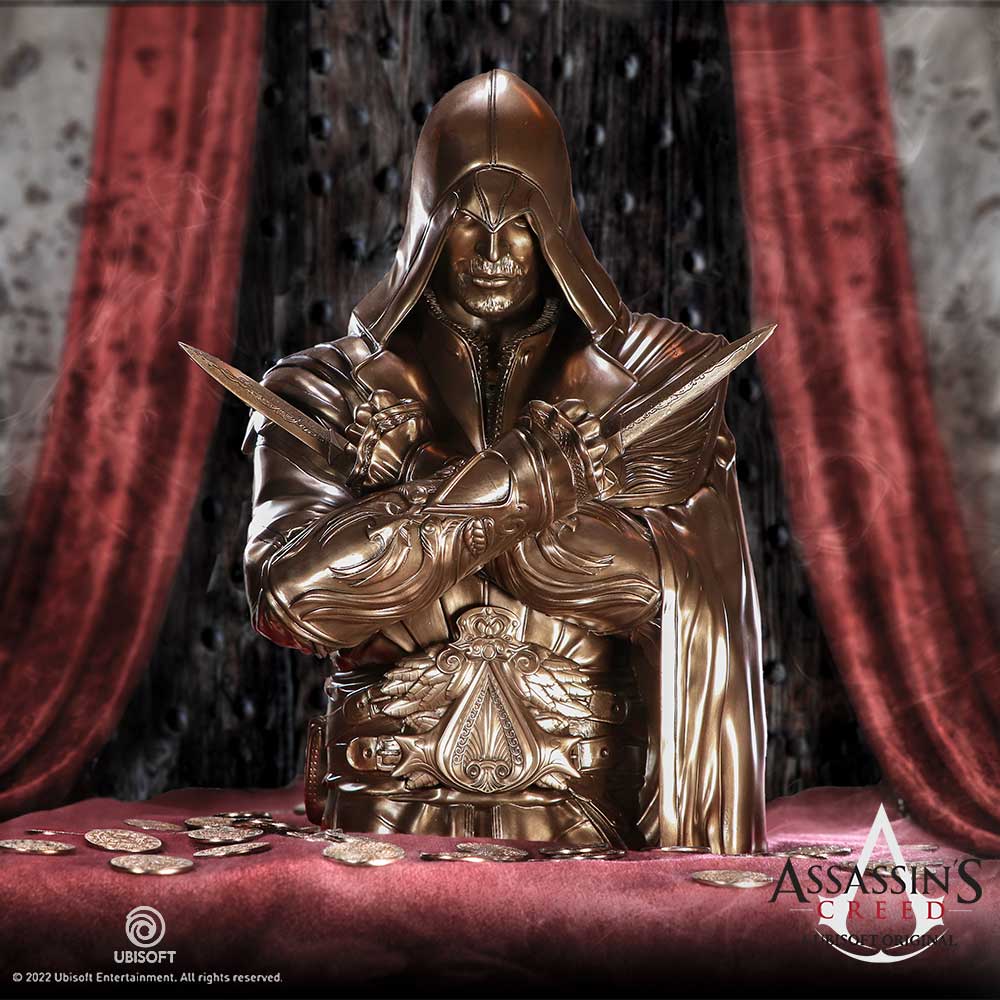 Ezio holding crossed throwing knives collectible bust on display