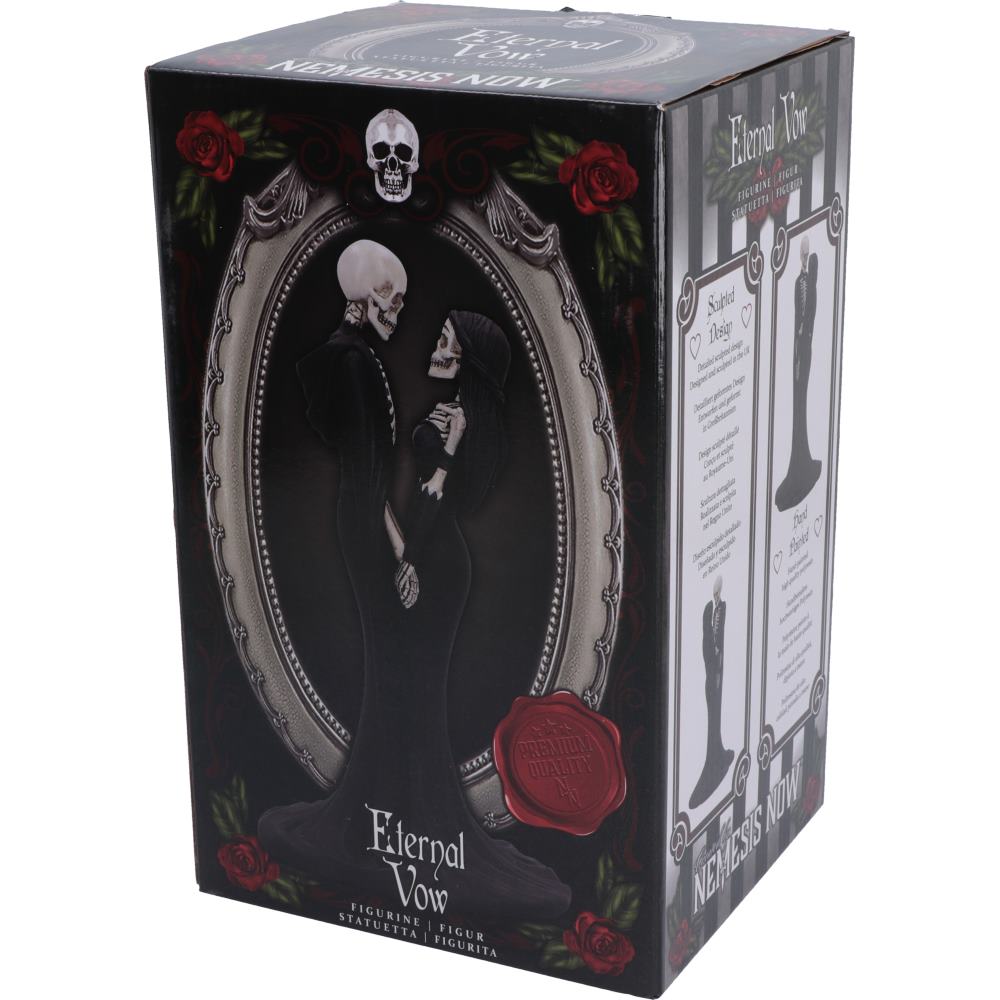 Boxed figurine set for 'Eternal Vow' featuring a gothic illustration of a skeleton and a woman in black, with red roses, a skull, and a red wax seal