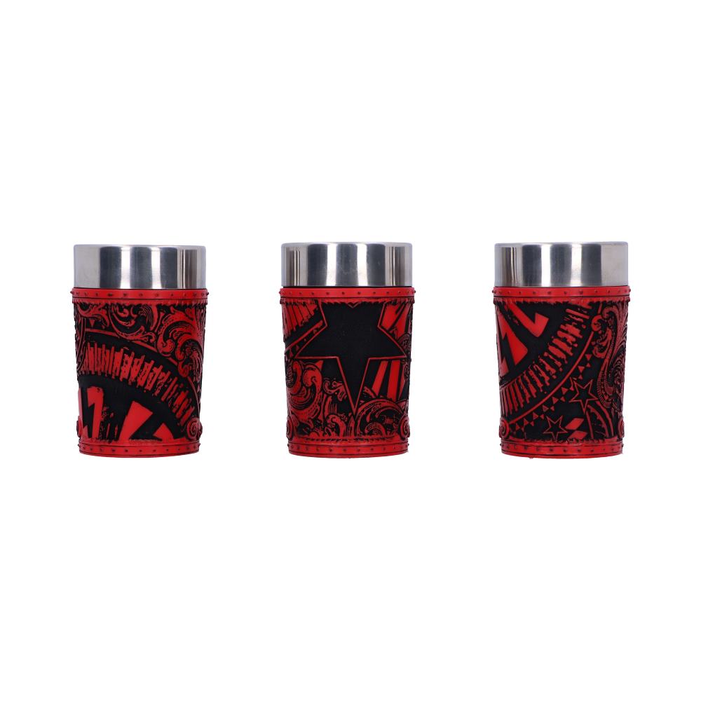 Back view of the AC/DC Logo Shot Glass Set showing the iconic logo detailing and hand-painted resin finish.