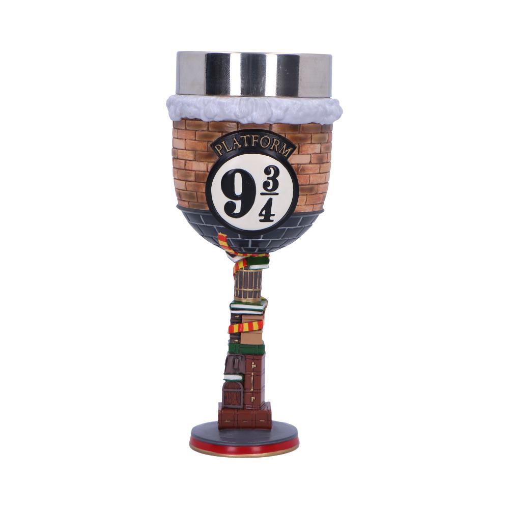 Rear view of the Harry Potter Platform 9¾ Collectible Goblet showing the Hogwarts Express artwork, sculpted luggage stem, and hand-painted resin finish.