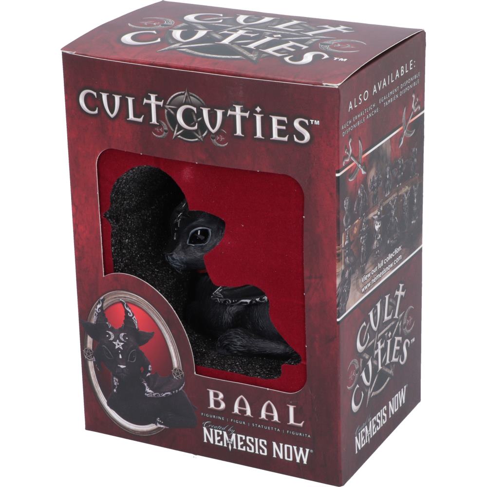 Baal Cult Cuties Goat Figurine presented in its red and black Nemesis Now branded gift box.