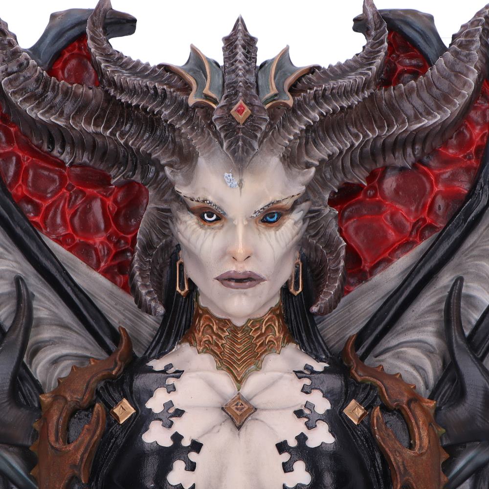 Close-up of Lilith facial detailing and horns