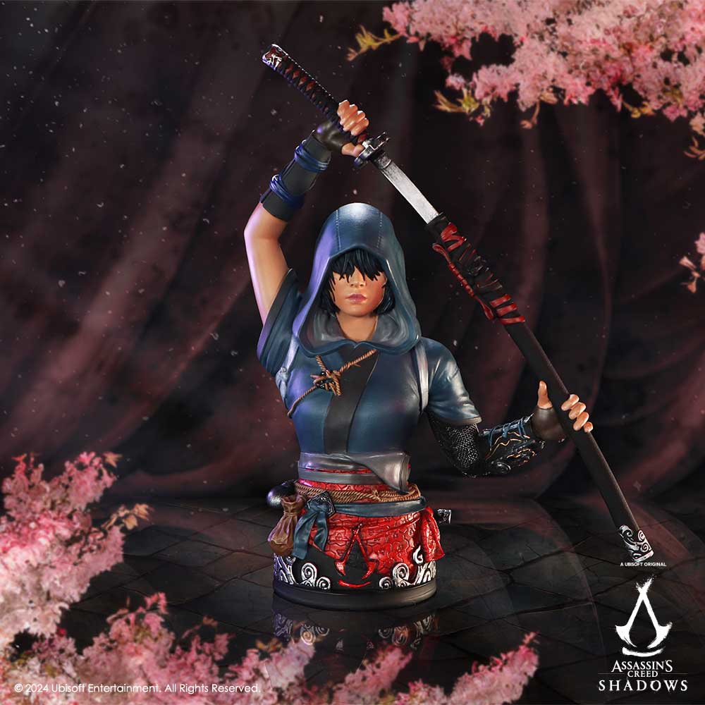 Naoe gripping katana in Assassin's Creed bust on display