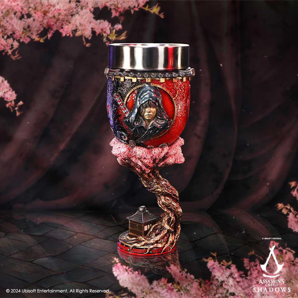 Assassin's Creed Shadows collectible goblet with Naoe and Yasuke on disply