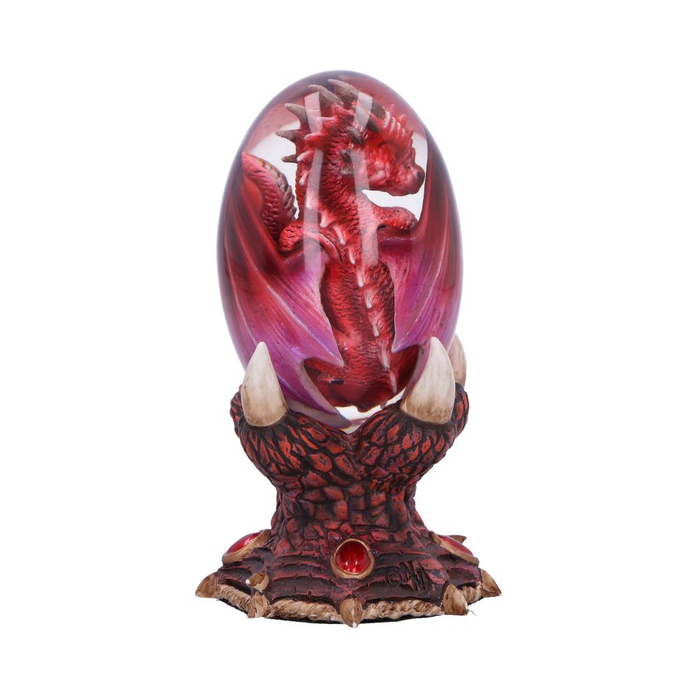 Rear view of the Elemental Dragonlings Fire Figurine showing the detailed red dragonling, removable crystal egg, decorative stand, and premium hand-painted resin craftsmanship.
