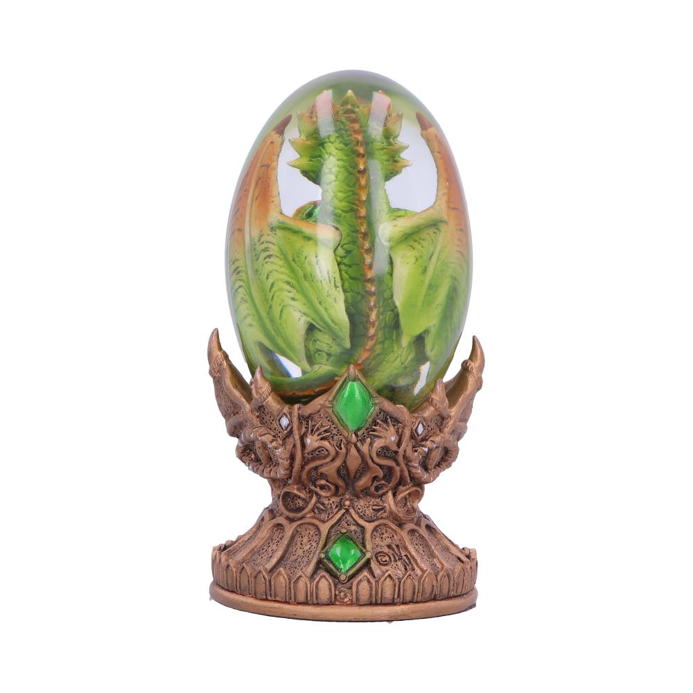 Rear view of the Elemental Dragonlings Earth Figurine showing the detailed green dragonling, removable crystal egg, decorative stand, and premium hand-painted resin craftsmanship.