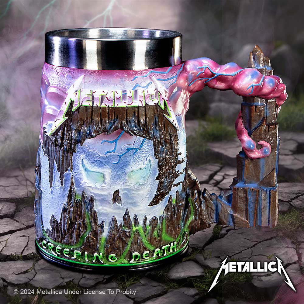 A colorful Metallica themed tankard with the Creeping Death artwork, featuring a removable stainless steel insert n display