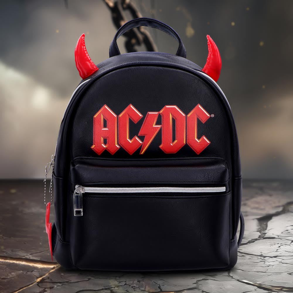 AC/DC black backpack with red devil horns on display