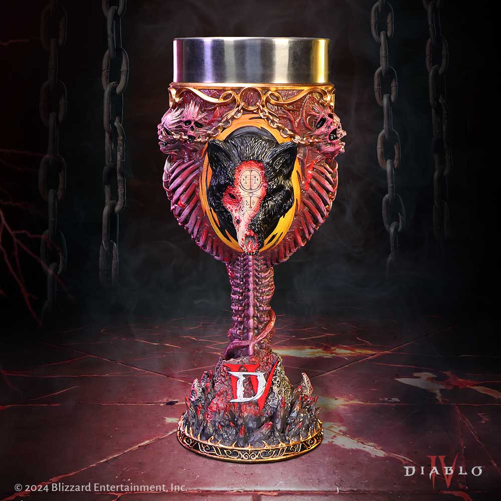 Official Diablo IV Mephisto Goblet with intricate designs and a prominent 'D' logo  on display