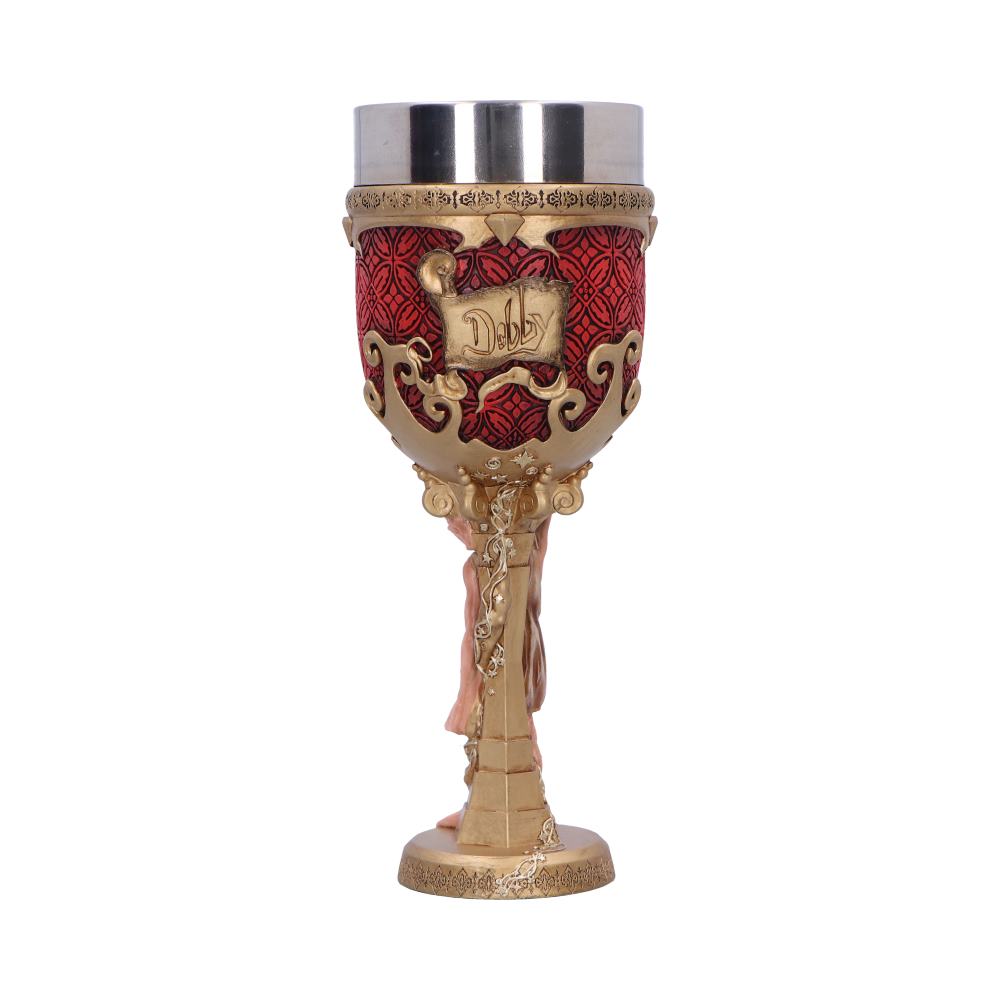 Rear view of the Harry Potter Dobby Collectible Goblet showing the golden Dobby scroll, sculpted house-elf stem, and hand-painted resin finish.