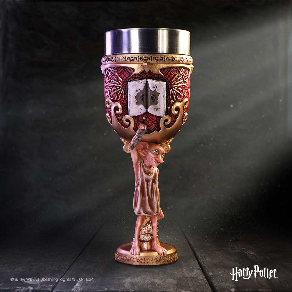 A Harry Potter Dobby Collectible Goblet with a red and gold design, featuring Dobby the house elf as the stem on display