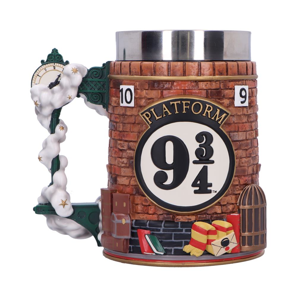 Rear view of the Official Harry Potter Platform 9¾ Collectible Tankard showing the Platform 9¾ sign, brickwork detailing, removable stainless steel insert, and premium hand-painted resin craftsmanship.