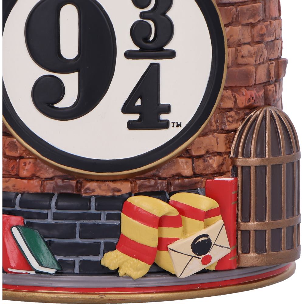 Harry Potter Platform 9¾ resin tankard with number 9 and 3/4, a Gryffindor scarf, an acceptance letter, and Hedwig’s cage on a brick background.