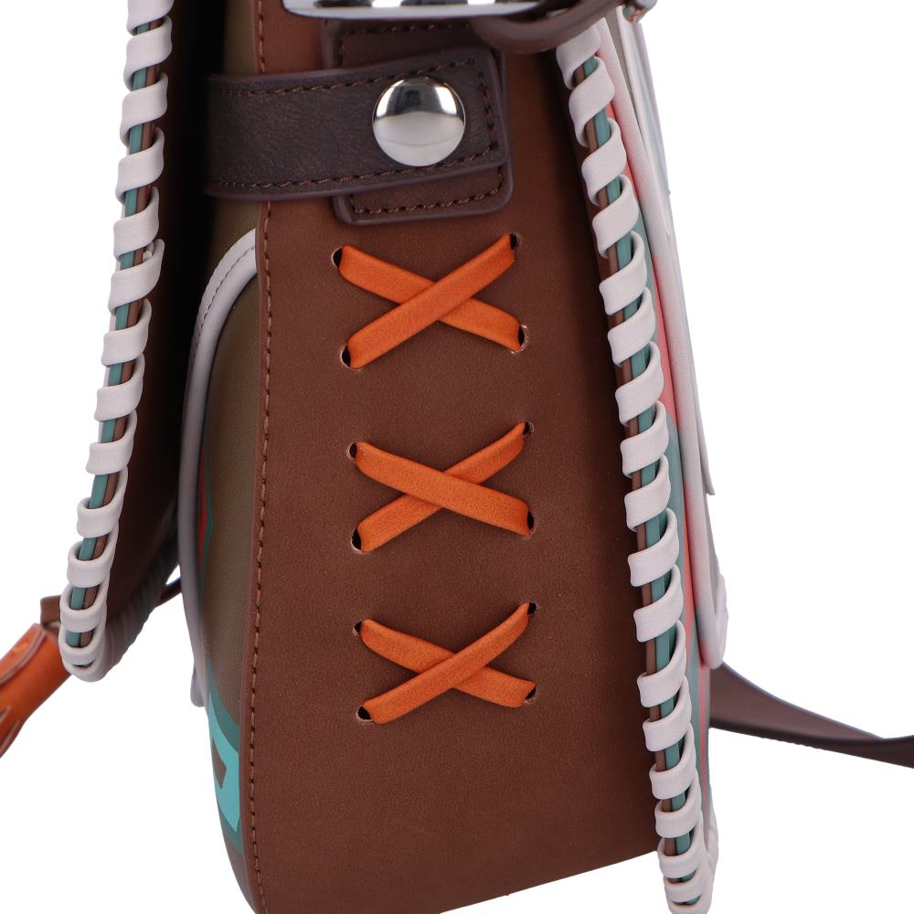 Close-up of bag of Holding side details with orange stitching and colorful laces