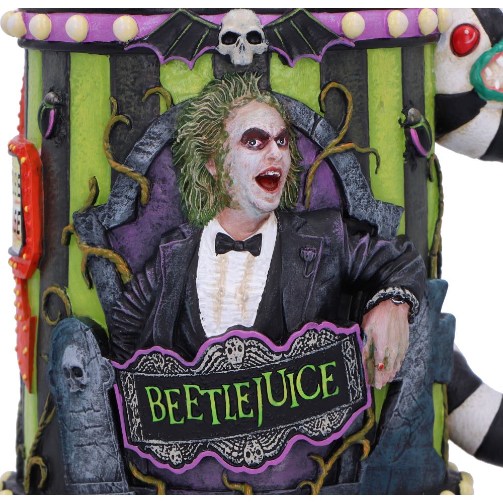 Tim Burton Beetlejuice themed drinkware with a character from 'Beetlejuice'