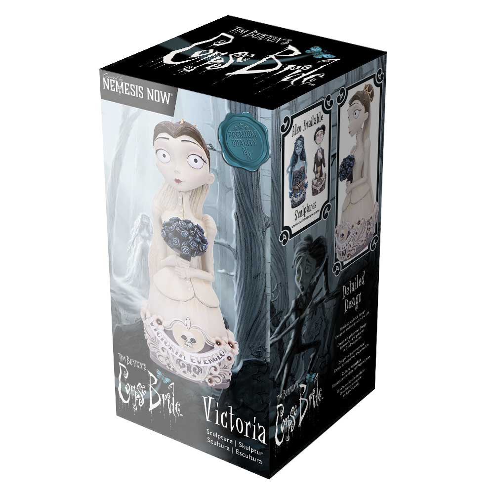 Boxed figurine of a woman with detailed packaging featuring the brand 'Nemesis Now'.