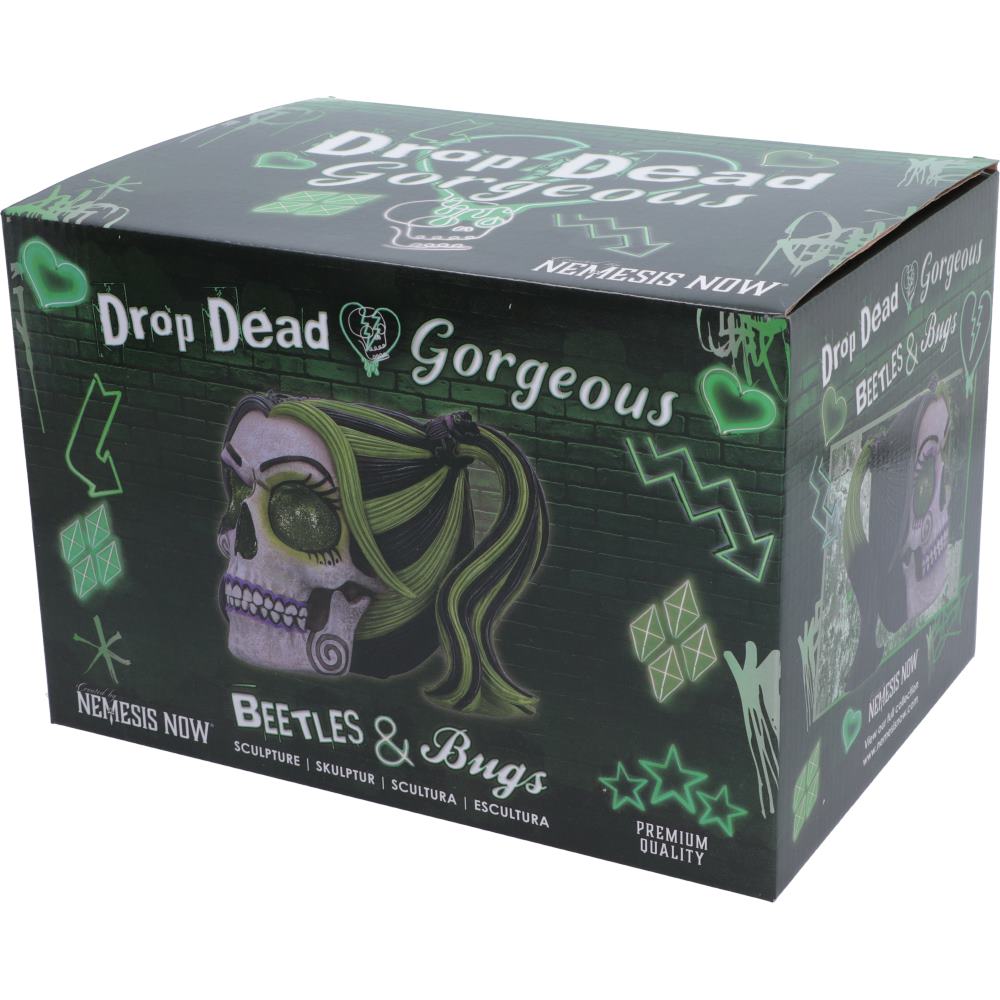 A black product box for 'Drop Dead Gorgeous Beetles & Bugs' by Nemesis Now, featuring a skull illustration with green hair and neon green graphic accents on a brick-patterned background.