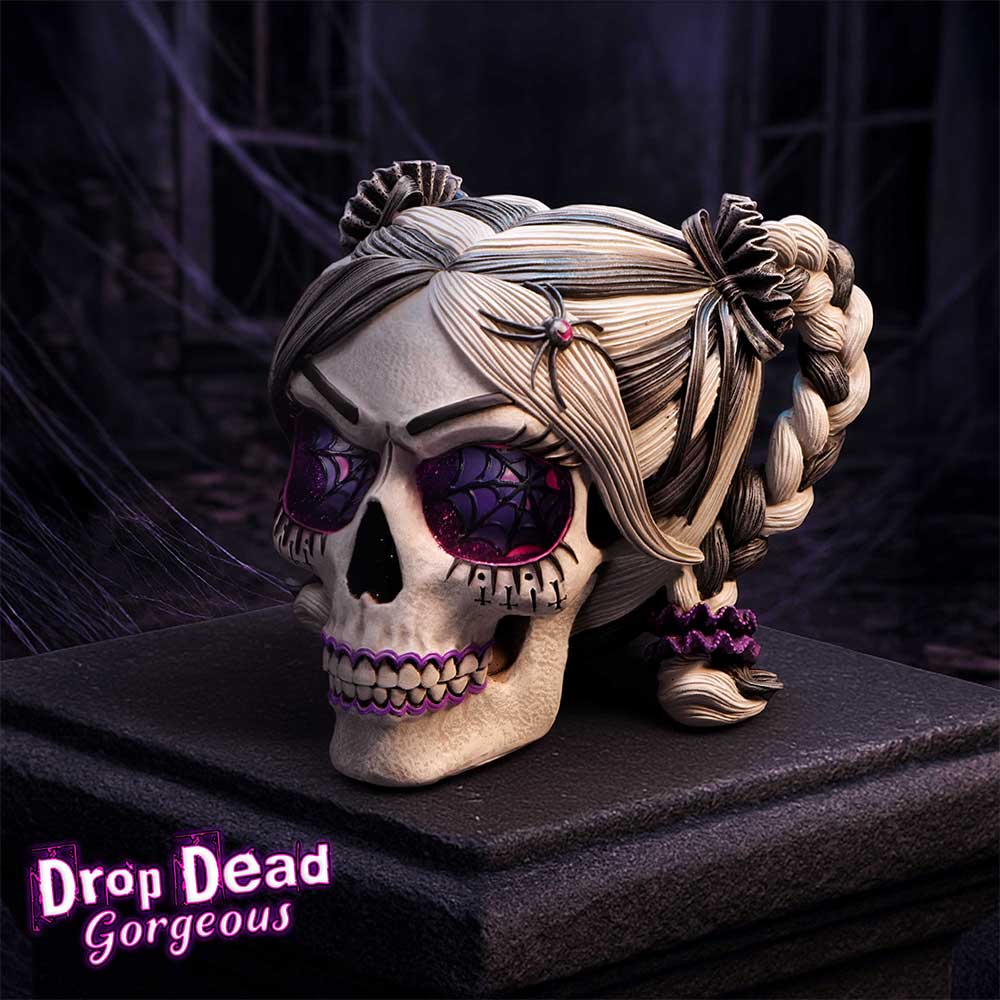 Skull with styled braided hair and purple accents